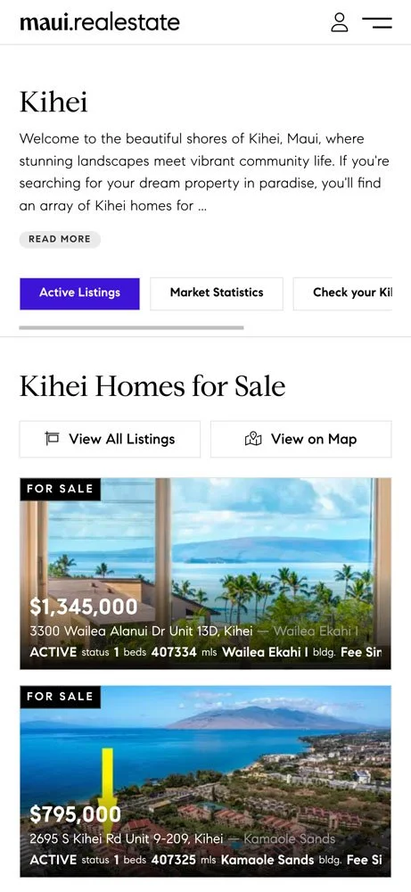 Kihei mobile area page on Maui Real Estate